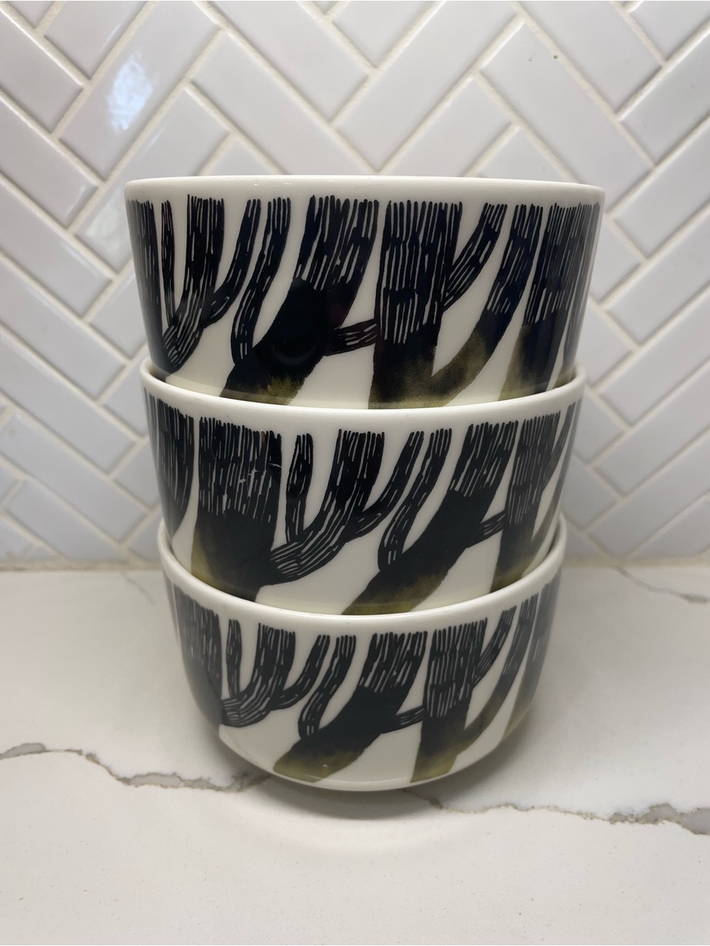 Marimekko Oiva Saapaivakirja 3pc Black and White Tree Motif 5in Ceramic Bowls - Picture 1 of 13